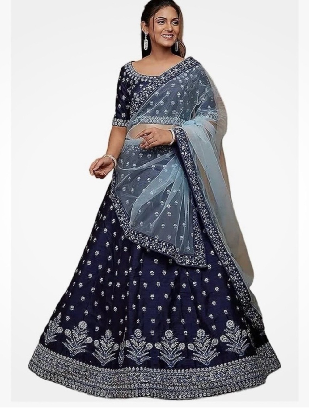 Designer Navy Blue Embroidered Lehenga with Light Blue Dupatta XXL New
